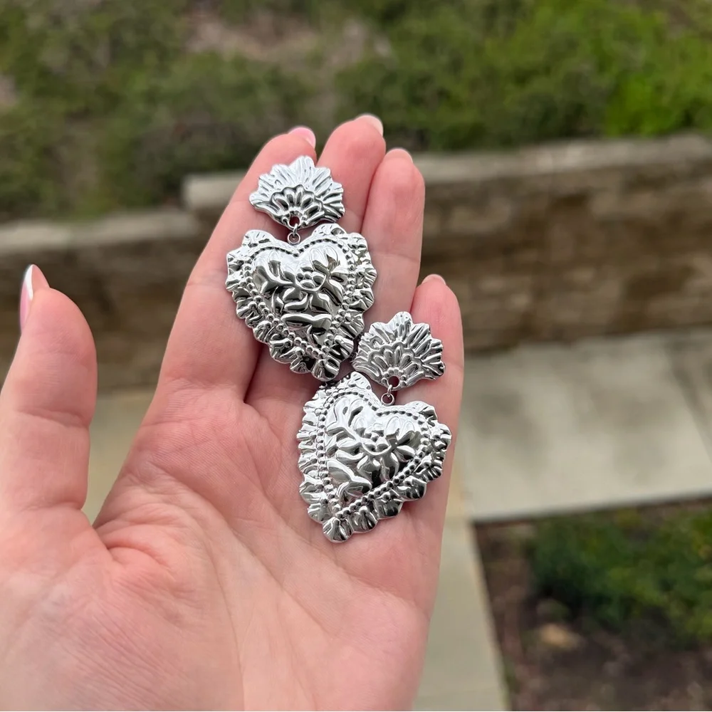 Chunky Silver Heart Statement Earrings – Vintage Inspired Floral Drop Earrings